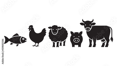 Collection of farm animal and fish icons in a simple black silhouette