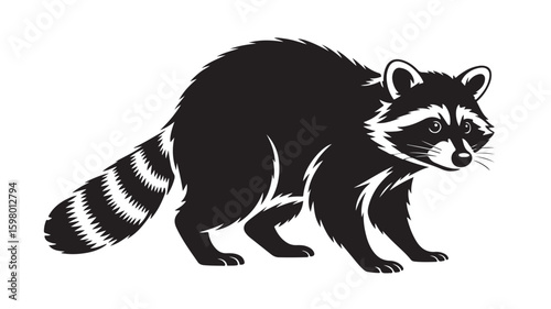 A detailed black silhouette of a raccoon with its distinctive ringed tail and masked face