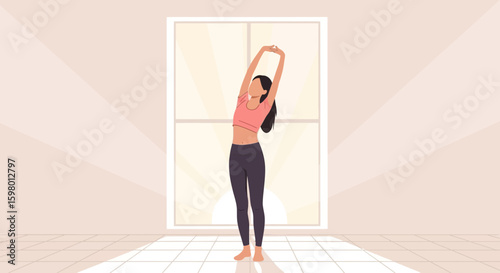 Young Woman Doing Morning Stretches In The Sunlight Near The Window Illustration