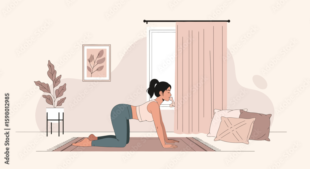 Obraz premium Young Woman Doing Yoga Pose In Bright Airy Room With Houseplants