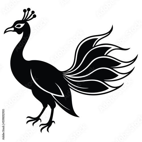 Silhouette of a Regal Peacock: A striking silhouette of a peacock displays its elaborate plumage and dignified stance, embodying elegance and the essence of nature.