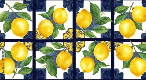 Vibrant lemon botanical illustration with tiled background. Elegant citrus pattern perfect for summery designs or Mediterranean themes.