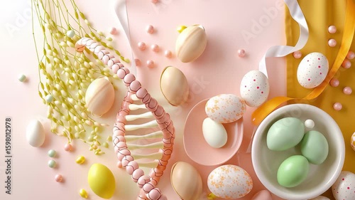 DNA helix: The foundation of biological innovation. Colorful Easter eggs arranged around a DNA strand on a soft pink background.	
