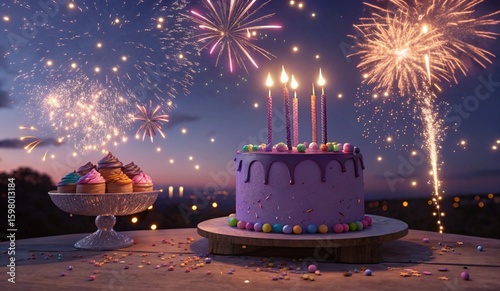 A vibrant birthday cake with purple frosting, adorned with colorful star decorations, sits on a festive table. Topped with candles spelling HAPPY and sparklers, the cake is flanked by two cupcakes and