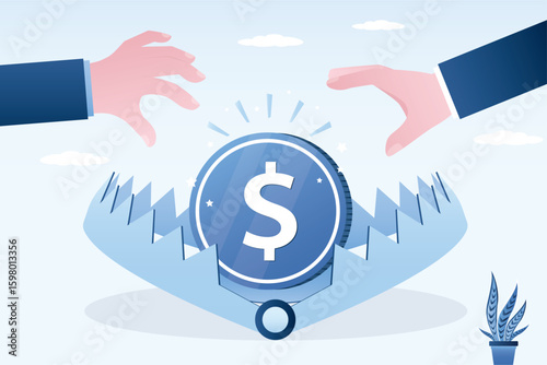 Businessmen hands reaches for money in trap, risky income or danger when taking mortgage and loan. Person who takes dirty money risks falling in trap and getting into trouble.