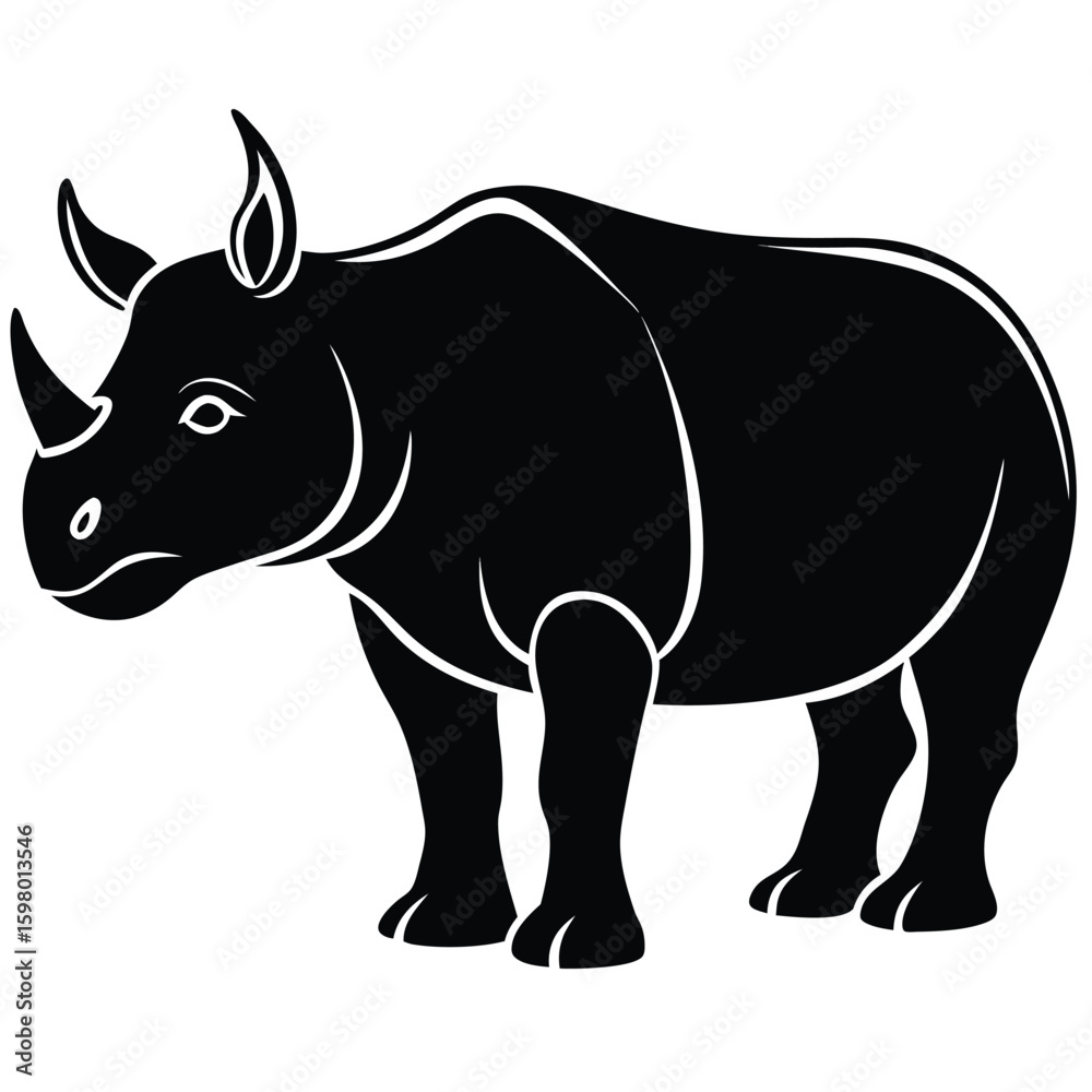 Fototapeta premium Black Rhino Illustration: A bold and simple black and white illustration of a rhinoceros, showcasing the majestic creature in a clean and artistic style.