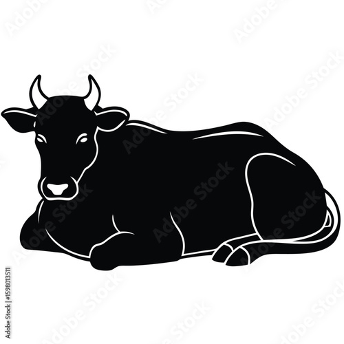 Monochrome Cow Resting: A simplistic illustration portrays a black and white silhouette of a relaxed cow. capturing the bovine form in a state of repose.