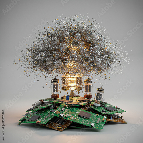 Evolution of Computing: Obsolete Tech Transforming into Quantum Core, 8k High Detail.