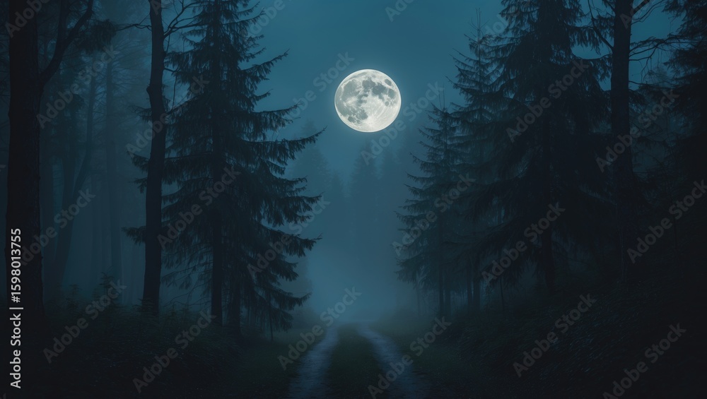 Naklejka premium Night forest scene with full moon, tall trees, and foggy atmosphere. Nature and night, scenery. The concept of wilderness and nighttime environment.