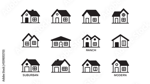 Collection of simple black and white hand drawn house icons representing different architectural styles and types