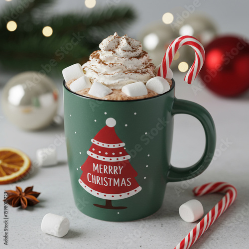 Festive Hot Chocolate Delight with Marshmallows and Candy Cane in 8k.