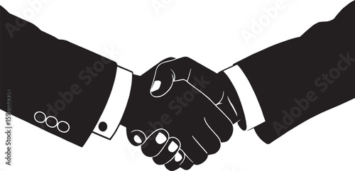 A black and white illustration of a handshake symbolizing a successful business agreement, isolated on white background