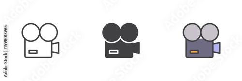 Vintage movie camera icon set in line, solid and filled outline style