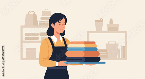 Young Woman In Apron Holding Stack Of Folded Laundry In Room