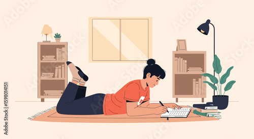 Young Woman Lying Down on Carpet Writing in Notebook at Home