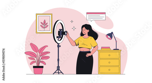 Young Woman Making Content With Ring Light For Social Media Platforms