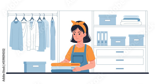 Young Woman Organizing Clothes In Her Closet On A Shelf At Home