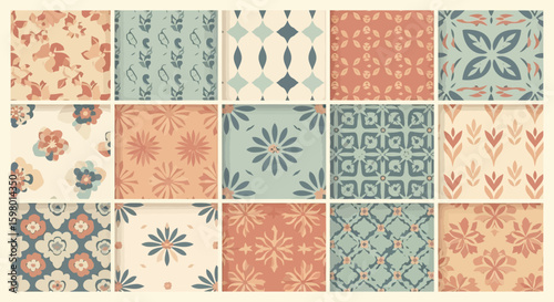 Collection of sixteen diverse, earthy-toned textile patterns, arranged in a grid.