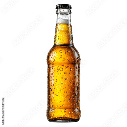 Frosted glass beer bottle with cold condensation beads and slight backlighting for freshness, isolated on transparent white background. --v 7.0 --s 250 --raw