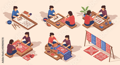 Isometric illustration showing women creating batik art, seated and working on fabric with tools and dyes, with finished pieces displayed.
