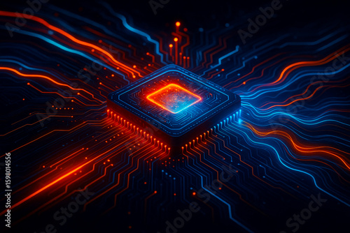 Glowing Microchip with Flowing Abstract Data Streams and Neon Energy Waves, Futuristic Digital Processor Tech Background