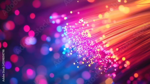 A close-up of a fiber optic cable, with vibrant light streaming through its core. A symbol of high-speed communication, connectivity, and the internet. Abstract and colorful.