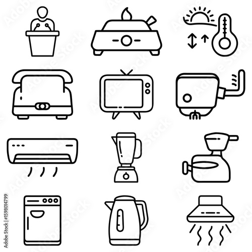 Illustration showcasing a collection of various household appliances in a simple outline style
