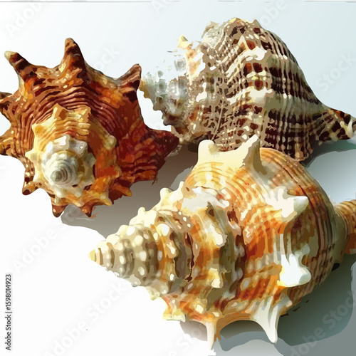 Three large, spiky seashells lie on a white surface