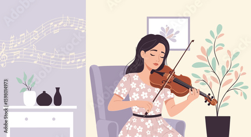 Young Woman Playing Violin Sitting In A Chair Inside A Cosy Living Room