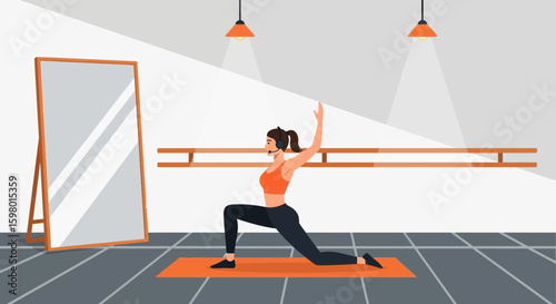 Young Woman Practices Yoga At Home In A Bright Studio With Mirror And Barre
