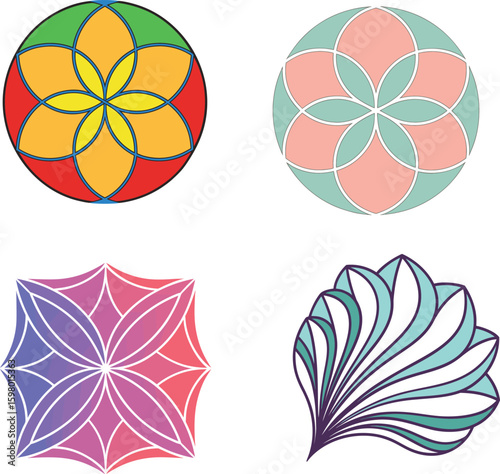 Colorful geometric floral patterns and abstract fan shapes blue circle