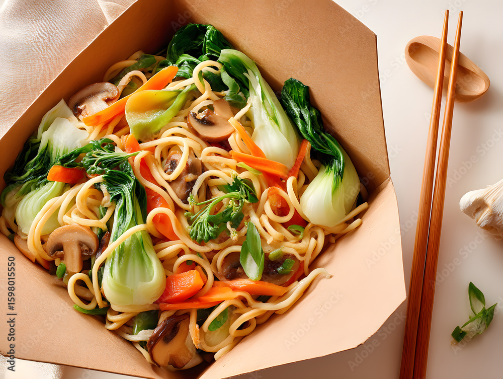 Fototapeta stir fried noodles with vegetables in take out box.