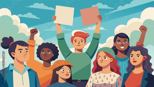 Diverse group of people raising signs and fists in protest