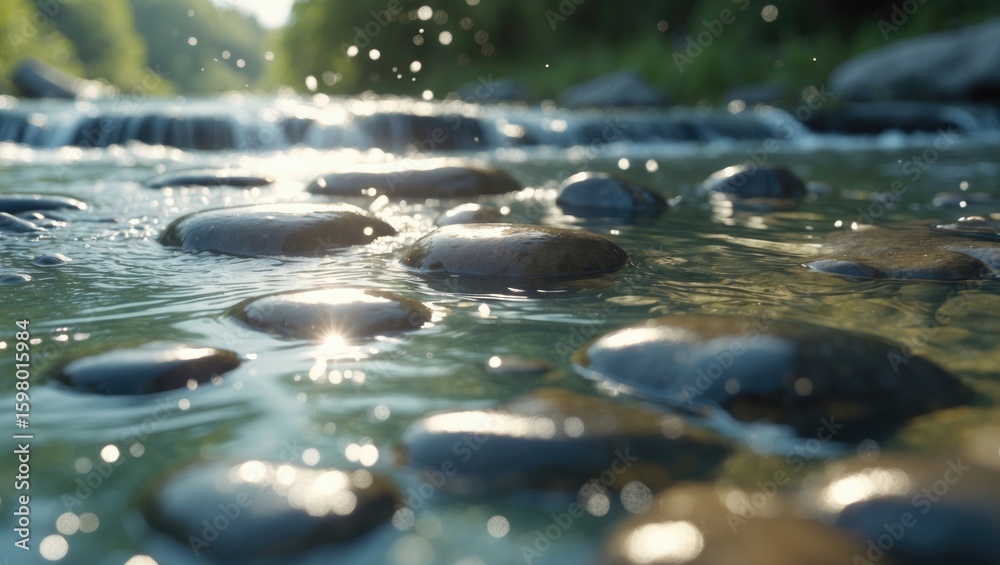 Fototapeta premium River water with smooth stones in the foreground and flowing water, natural landscape scene.