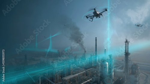 Futuristic drones deploy a protective nanofilm over an industrial plant, enhancing safety and efficiency in this visualization of advanced technology