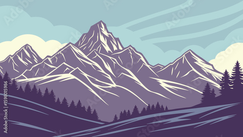 Snow-capped mountains and frosty trees define this serene winter landscape
