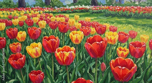 A vibrant oil painting captures a field of red and yellow tulips in full bloom, bathed in sunlight, evoking a sense of springtime joy.