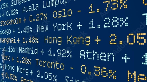 Stock market, exchange, ticker with index changes. Financial markets, percentage changes, trading, investment. London, Paris, New York, Sydney, Tokyo, Frankfurt and more. 3D animation