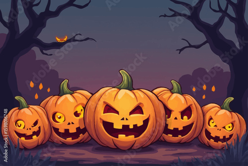 Five grinning jack-o'-lanterns glow eerily in a dark, spooky forest setting.