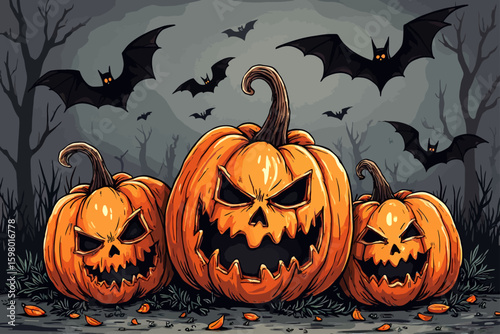 Three menacing jack-o'-lanterns gleam under a dark, spooky sky, surrounded by flying bats and barren trees.