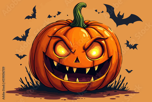 A menacing jack-o'-lantern glows brightly, surrounded by flying bats against a muted orange background.