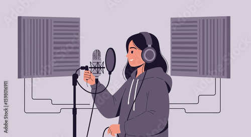 Young Woman Records a Song With Professional Microphone in Studio Room