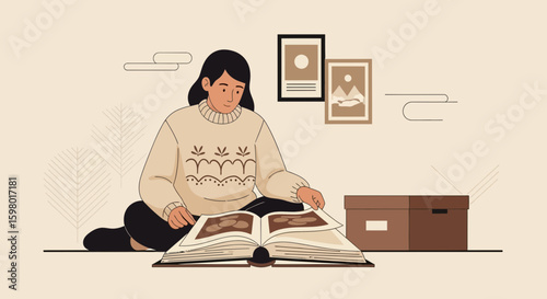 Young Woman Sitting On Floor Looking Through Photo Album With Nostalgic Expression