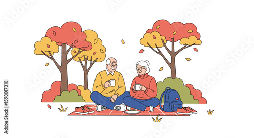 Elderly couple enjoys warm autumn afternoon together outdoors under colorful trees
