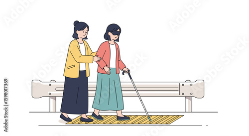 A kind person offers assistance to someone using a white cane navigating outdoor steps safely