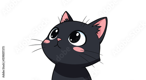 A curious black kitten with big expressive eyes looks upwards wondering what will happen next