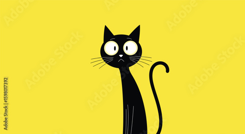An unsettled black feline with wide eyes gazes intriguingly against a bright yellow background