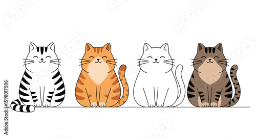 Four adorable fluffy feline friends sitting together with cute expressions