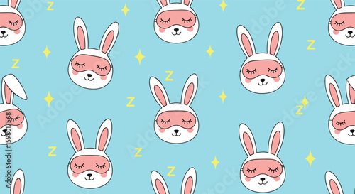 Cute sleeping bunny faces with stars and zzz symbols on a light blue background pattern