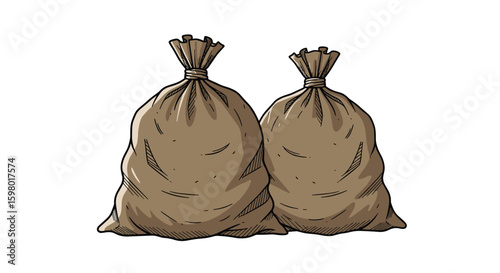 Two burlap sacks filled with material tied at the top isolated on a white background